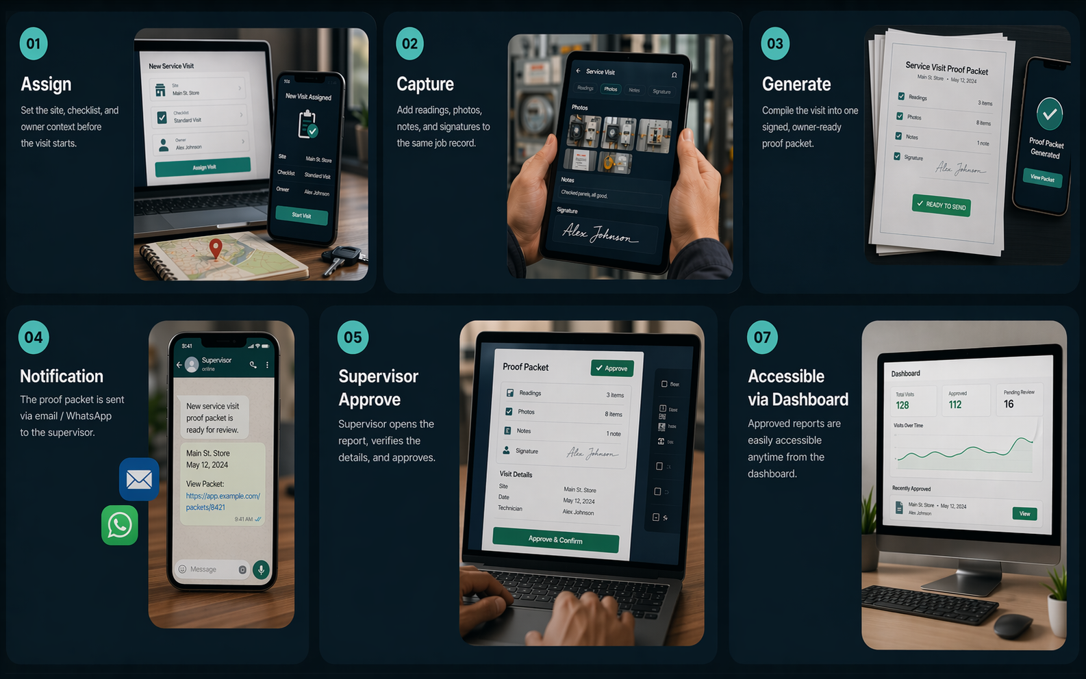 Workflow panel showing one job record moving through assign, capture, generate, and approve, with the proof packet and owner approval retained for later retrieval.